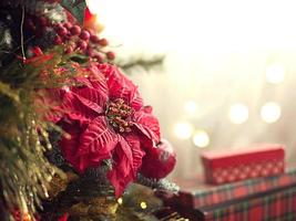 rotes Dekor auf einem Weihnachtsbaum aus Äpfeln und Weihnachtssternen. weihnachtshintergrund und rahmen für das neue jahr. Nahaufnahme, festlicher Tannenbaum mit Beeren, Eiszapfen, Girlanden. Platz für Text foto