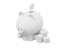 Weißes Sparschwein mit fallenden Münzen, Stapel von Münzen auf weißem Hintergrund. Symbol für die Anhäufung von Ersparnissen. 3D-Rendering. foto