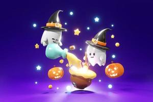 3D-Rendering Halloween süßer Geisterkürbis und Gifttopf im Hintergrund. 3D-Render-Cartoon-Stil. foto