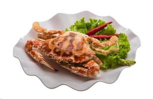 rote Krabbe auf dem Teller und weißem Hintergrund foto