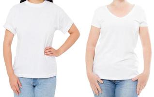 Frau weißes T-Shirt Mockup, leeres leeres T-Shirt, Mädchen im leeren T-Shirt-Kopierraum, weißes T-Shirt isoliert auf weißer Hintergrundcollage oder Set foto