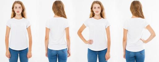 weißes Frauent-shirt lokalisiert auf weißem Hintergrund, Vorder- und Rückseite sieht Mädchen im weißen T-Shirt an foto