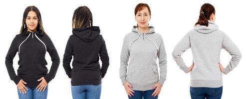 Vorder- und Rückansicht - weibliche Mädchenfrau im grauen schwarzen Hoodie lokalisiert auf weißem Hintergrund foto