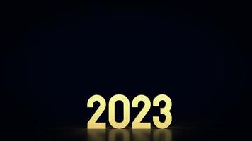 die goldene Zahl 2023 in schwarzem Hintergrund 3D-Rendering foto