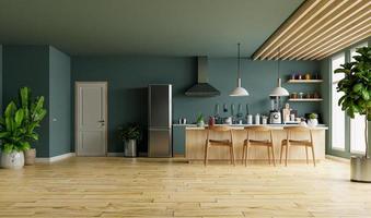 gemütliches modernes küchenraum-innendesign mit dunkelgrüner wand. foto