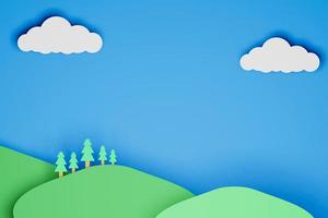 wolke am blauen himmel mit berg und baum papierschnitt stil kind hintergrund 3d illustration foto