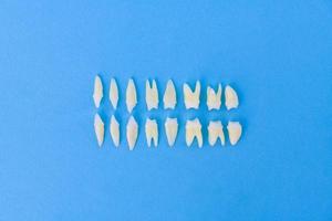 Draufsicht auf weiße Zähne auf blauem Hintergrund foto