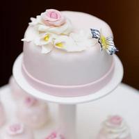 köstliche rosa Hochzeitstorte und Cupcakes
