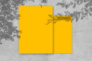 leeres gelbes quadratisches plakatmodell mit hellem schatten auf grauem betonwandhintergrund.