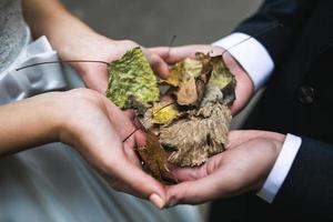 braut und bräutigam, die hochzeitsringe und herbstblätter in den händen halten foto