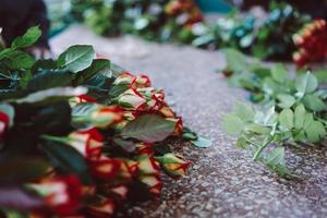 frisch geschnittene rote rosen liegen auf dem tisch foto