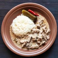 brauner Teller mit Portion Beef Stroganoff foto