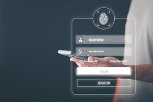 genehmigte cybersicherheit und login-authentifizierung mit ai-datenbanktechnologie verwenden geschäftsleute fingerabdrücke, um das system zu entsperren und zugriff, verbindung, sicherheit und online-datenschutz bereitzustellen. foto