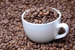 Tasse mit Kaffeekörnern auf einem Kaffeebohnenhintergrund