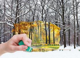 Radiergummi löscht Herbst und Winterwald erscheint foto