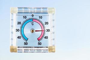 Thermometer am Fenster zu Hause an einem heißen, sonnigen Morgen foto