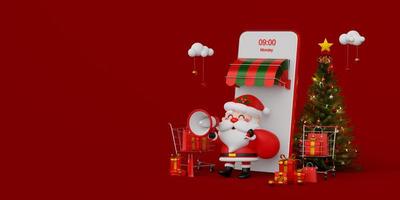 weihnachtseinkauf online auf mobilem konzept, weihnachtsmann mit megaphon mit geschenkbox vor mobilem shop, 3d-illustration foto