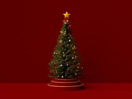 Weihnachtsbaum auf Podium auf rotem Hintergrund, 3D-Darstellung foto