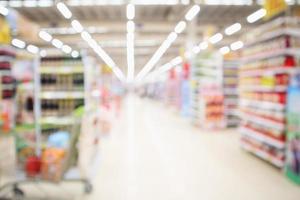 abstrakter unschärfe supermarktgang mit buntem produkt auf regalhintergrund foto