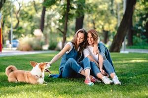 zwei Freundinnen im Park spielen mit kleinem Hund foto