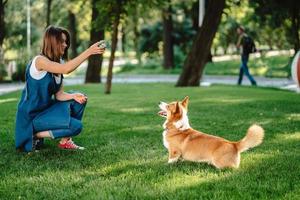 Porträt einer Frau mit Hund Welsh Corgi Pembroke im Hundepark foto