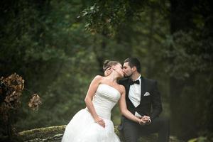 schönes Hochzeitspaar, das im Wald sitzt foto