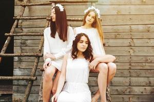 Drei charmante Mädchen auf einer Leiter in der Nähe eines Holzhauses foto