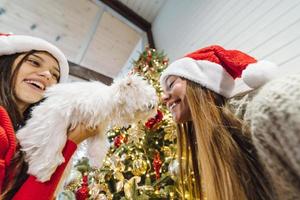 Mehrere Mädchen spielen an Silvester mit einem kleinen Hund foto