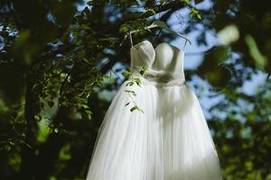 Hochzeitskleid, das an einem Baum hängt foto