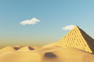 abstrakter wüstendünenklippensand mit ägyptischer pyramide und sauberem blauem himmel. surrealer minimaler natürlicher landschaftshintergrund der wüste. Szene aus Sand mit glänzenden metallischen Bögen geometrisches Design. 3D-Rendering. foto