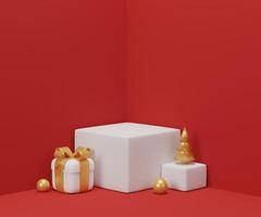 weihnachtshintergrund mit weißem podium für produktanzeige. goldener weihnachtsbaum. 3D-Rendering. roter Hintergrund. foto