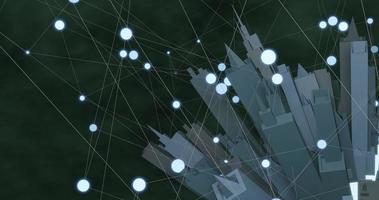 3D-Darstellung einer abstrakten, vergrößerten geometrischen Stadt auf der Welt im globalen futuristischen Cyber-Netzwerk. neuronale Netzgitterlinie rund um den Globus. foto
