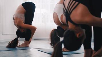 Gruppe asiatischer Frauen, die sich im Yoga-Kurs dehnen. Gruppe von Mädchen, die Pilates-Übungen im Fitnessstudio machen. foto