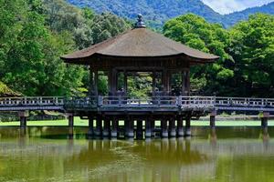 Holzpavillon über Teich im Park von vorne foto