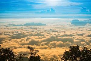 Erstaunlicher Morgensonnenaufgang über nebliger Landschaft bunter sommerlicher nebliger Wald foto