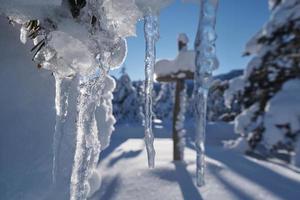 Holzkreuz mit frischem Schnee am schönen frischen Wintermorgen bedeckt foto