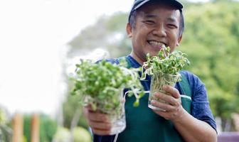 asiatischer mann mittleren alters, der eine schürze trägt, hält einen korb mit sonnenblumensprossen, weicher und selektiver fokus auf sonnenblumensprossen. foto