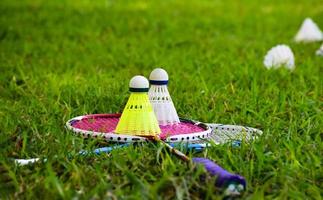 Outdoor-Badminton-Spielgeräte auf grünem Rasen. foto
