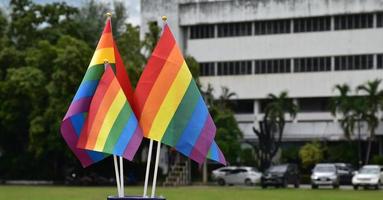 regenbogenfahnen, symbol der lgbt-geschlechtsvielfalt, die vor dem rasenplatz des schulspielplatzes gezeigt werden, verschwommener gebäudehintergrund, konzept für lgbt-feiern im stolzmonat juni auf der ganzen welt. foto