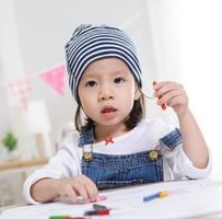 Kleines asiatisches Mädchen, das am Tisch im Zimmer sitzt, Vorschulmädchen, das an sonnigen Tagen mit bunten Stiften auf Papier zeichnet, Kindergarten oder foto