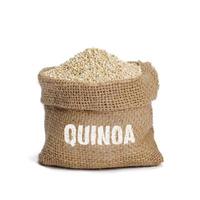 Weiße Samen von Quinoa im Stoffsack, gesunde Ernährungsgewohnheiten und Konzept einer ausgewogenen Ernährung foto