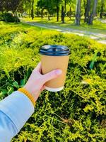 Hand, die eine Papptasse Kaffee auf grünem Hintergrund hält foto