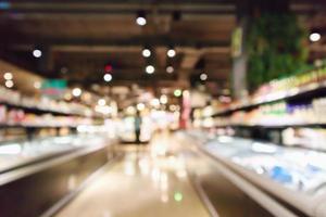 abstrakter Supermarkt-Lebensmittelgeschäft-Kühlschrank verschwommener, defokussierter Hintergrund mit Bokeh-Licht foto