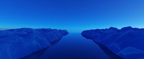 blaue gletscher getrennt durch arktischen wasserhintergrund. bunte eisberge auf kaltem sonnenuntergang 3d rendern mit ruhiger klarer wasseroberfläche. Naturlandschaft der Stille und Ruhe der Berge foto
