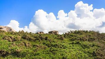 Himmel mit weißen Wolken über Heide in Ploumanach foto