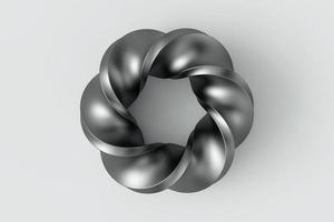 Möbiusband Ring Heilige Geometrie. Raumfigur mit umgedrehten Flächen. Schwarzer Metallring. Frontansicht des Coverdesigns auf weißem Hintergrund. Minimale Kunst, abstrakte digitale Illustration. 3D-Rendering foto