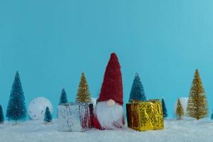 weihnachtszwerg mit geschenken im kiefernwald. magische Tasche. Fröhliche Weihnachten. Frohes neues Jahr foto