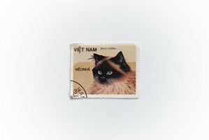 Eine Briefmarkenserie von Vietnam 1986, Fauna, Tiere. die Briefmarke zeigt eine Hauskatze, Serie Hauskatzen. foto