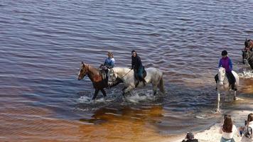 Menschen zu Pferd am Ufer des Sees foto