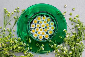 Gänseblümchen in einer grünen Tasse mit einer von Blumen umgebenen Untertasse. Sommer, warm. schönes Bild foto